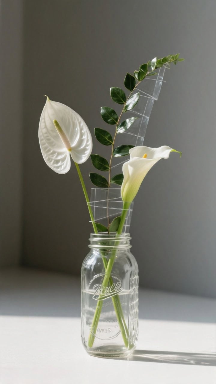 Minimalist closeup, side angle: A clear mason jar used as a quiet frame for a sculptural ikebana-inspired composition—two to three statement stems such as a glossy white anthurium and a single calla lily, plus one elegant arc of greenery; stems cut at varied lengths and precisely placed using an invisible clear floral tape grid; polished leaves with a subtle sheen; gallery-like calm with soft directional light.