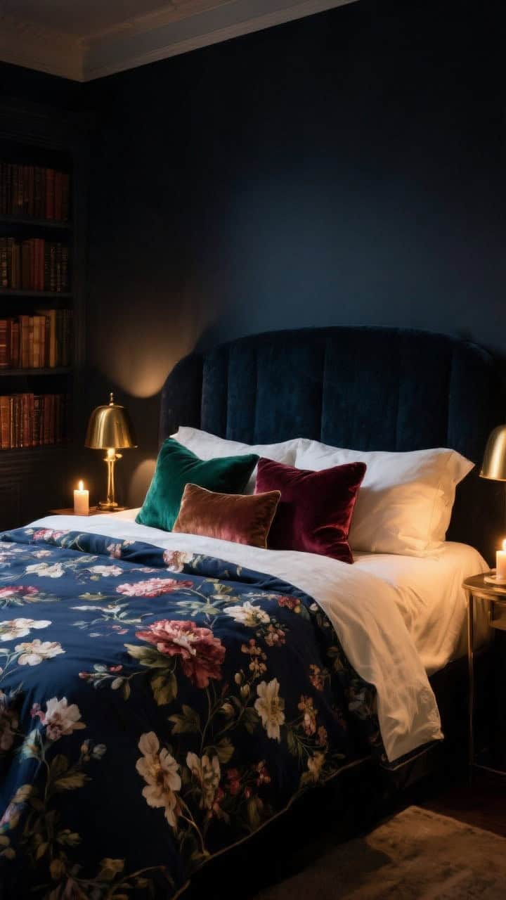 Moody medium shot: dark-ground floral duvet on deep navy with lush blossoms; cream or flax linen sheets lighten the palette; jewel-toned velvet accent pillows (emerald and garnet) add richness; brass bedside lamps aglow create a library-by-candlelight vibe; night-time ambiance with warm pools of light.