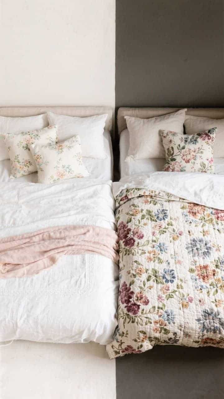 Overhead bed layout: seasonal swap concept—neutral white/flax coverlet as the constant; left half styled for summer with airy cotton, pale floral pillowcases, and light throws in soft pastels; right half styled for winter with richer floral hues, brushed cotton/flannel sheets, and a heavier quilt; clean, balanced light to show contrast.