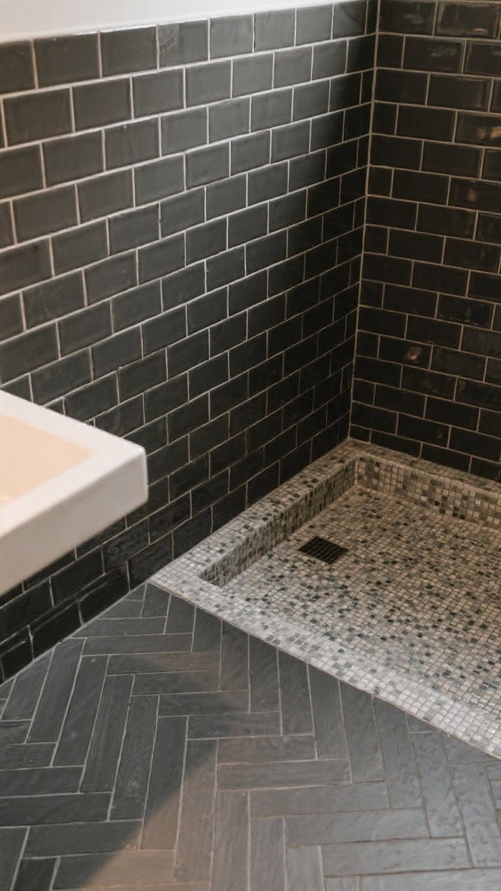 Overhead detail of subtle tile patterning: stacked vertical charcoal subway tiles meeting a herringbone dark gray floor; micro-mosaic in the shower pan for grip and texture; tonal shades with gentle contrast; warm, diffused lighting that highlights the quiet pattern without drama.