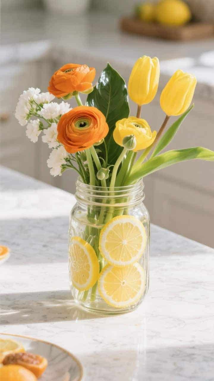 Overhead detail shot: A clear mason jar lined with neat lemon slices pressed between glass and stems, filled with a citrus-colored palette—orange ranunculus, yellow tulips, white stock, and glossy lemon leaf; tidy, clean stems and crisp lines; bright, sunny brunch energy on a light stone countertop, vibrant natural daylight.