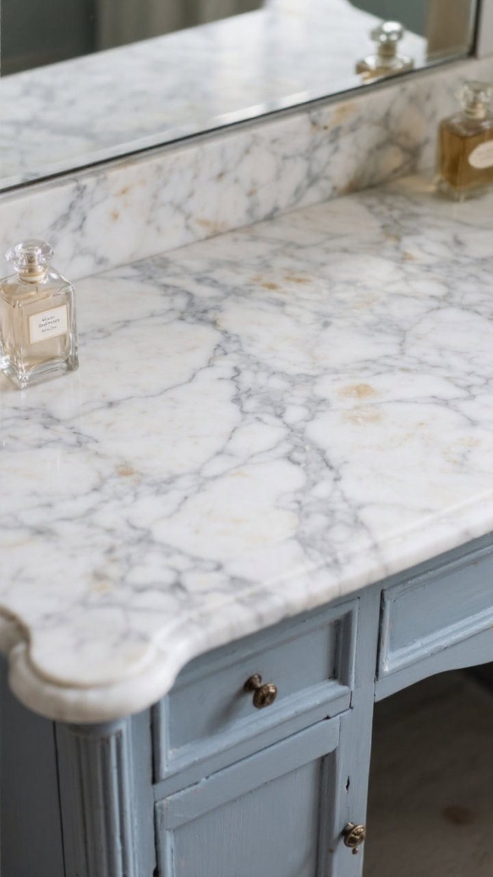 Overhead detail shot of a marble-topped vintage vanity, showing soft Carrara veining with gentle etching and lived-in stains from old perfume bottles; edges softly rounded; a subtle sheen indicating annual sealing; palette restrained to gray-white marble against French gray-blue painted wood; diffused daylight for a luxe, lived-in glam mood.
