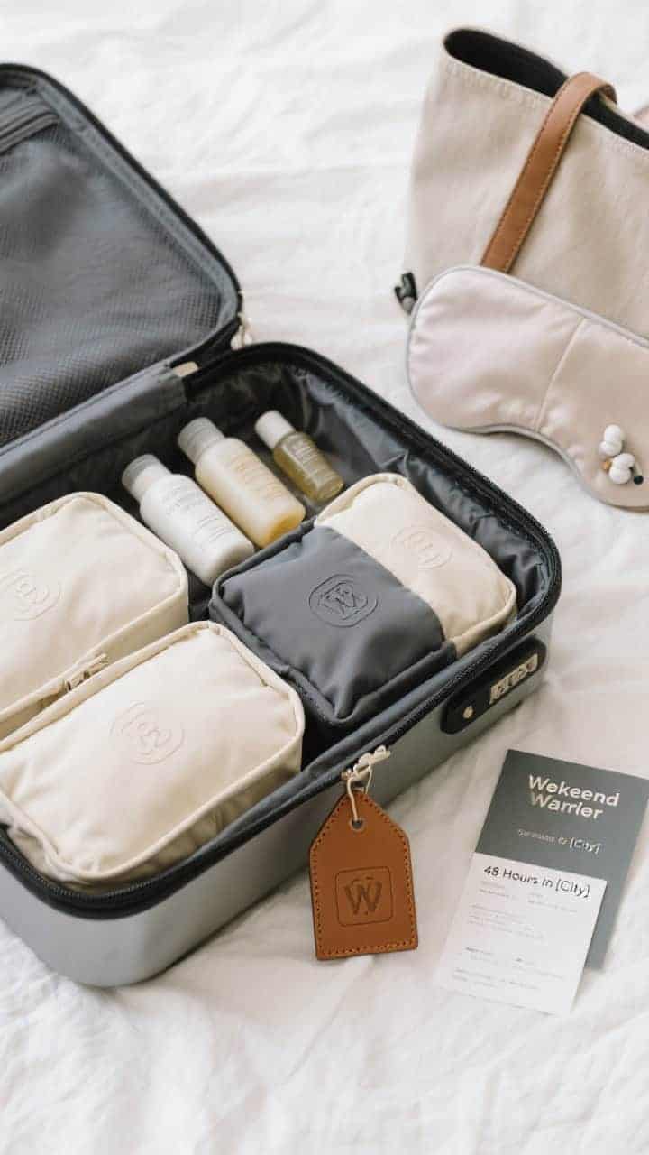 Overhead detail shot of a sleek Weekend Warrior carry-on kit arranged inside a hard-shell vanity case: compact packing cubes in cream and charcoal, labeled reusable silicone toiletry bottles, travel-size luxury shampoo and conditioner, a fold-flat tote tucked at the side, and a soft sleep mask with earplugs; include a leather monogrammed luggage tag draped over the case edge and a mini “48 Hours in [City]” itinerary card; neutral palette with matte textures, soft daylight, clean minimal styling on a white linen surface.