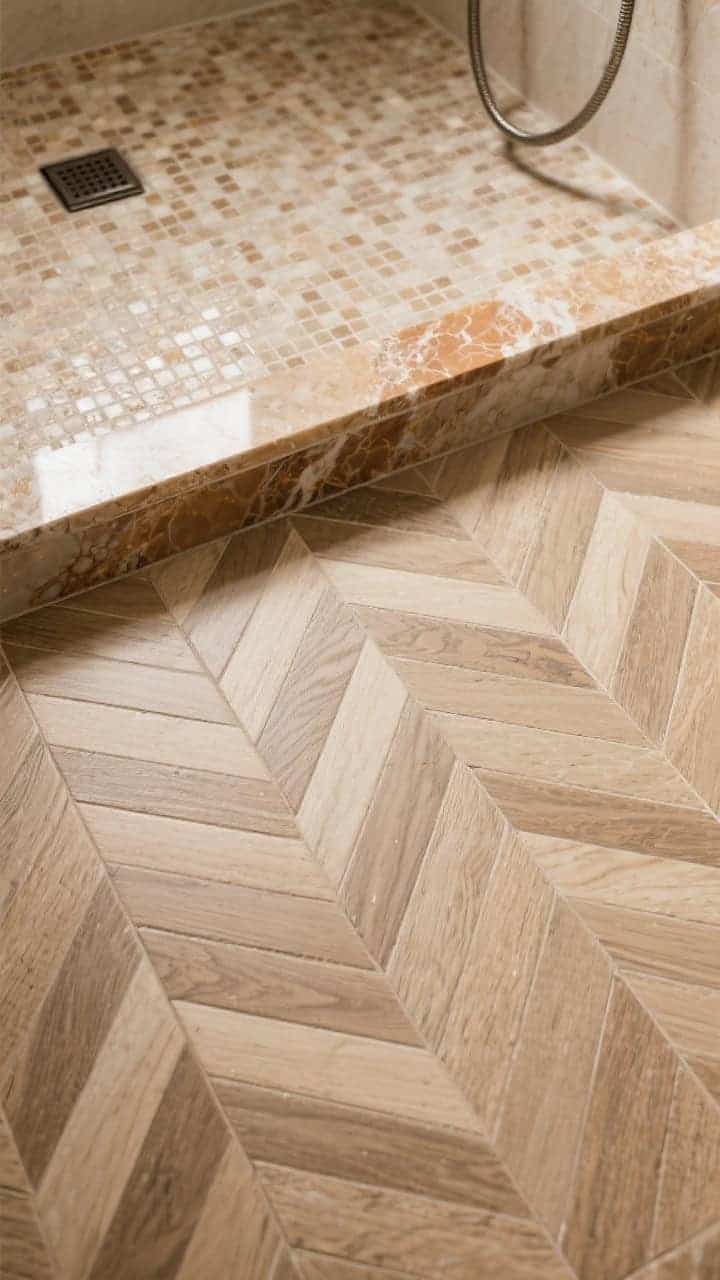 Overhead detail shot of earthy patterns: a herringbone layout of wood-look tiles in sandy tones meeting a micro-mosaic shower floor in warm beige and taupe, with subtle veining from a nearby warm-veined quartz ledge; low-contrast, organic movement, soft neutral palette, and gentle top lighting to highlight texture without drama.
