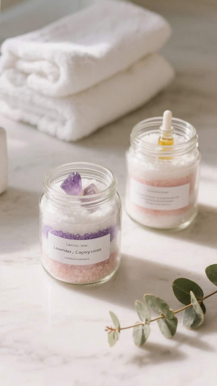 Overhead detail shot of short mason jars filled with layered bath salts in alternating white and pastel tones (lavender and blush), subtle essential oil crystals visible; minimalist label listing ingredients and scent (lavender, eucalyptus, or vanilla); soft spa-like scene with folded white towels, a sprig of eucalyptus, and diffused, serene lighting emphasizing the striped layers, no people.