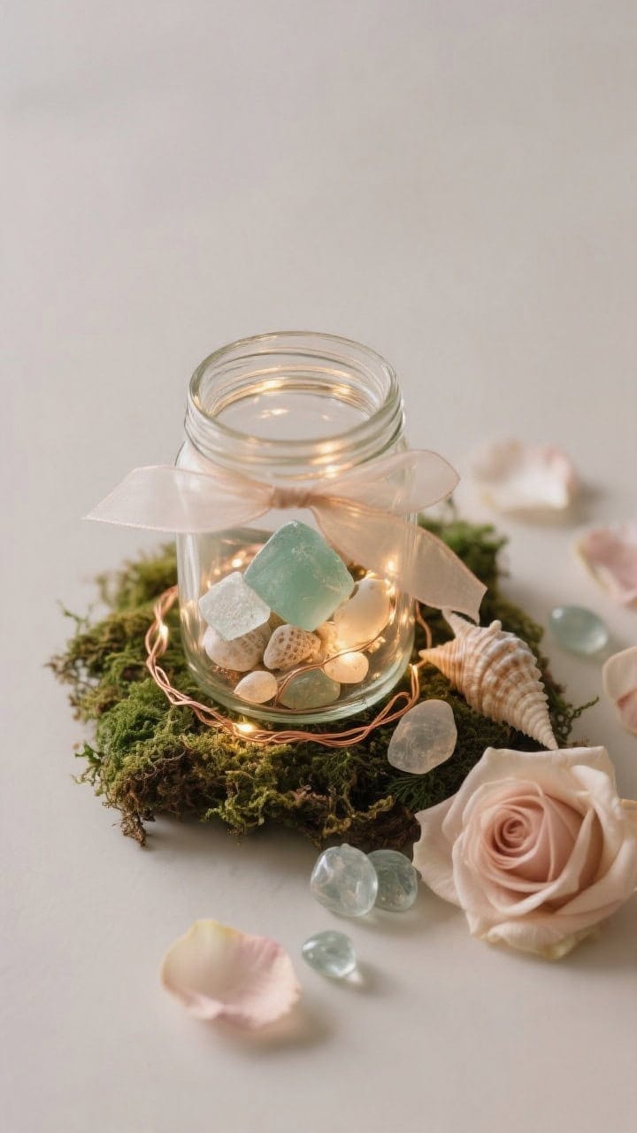 Overhead flat-lay of a single clear mason jar styled with luxe fillers: a neat layer of faux moss at the base with copper-wire lights woven through, a few sea glass pieces and small seashells off to one side, a light scattering of silk rose petals, several translucent glass pebbles weighting the bottom, and a loop of sheer ribbon tucked inside to soften the glow. Minimalist composition with negative space and warm, subdued illumination.