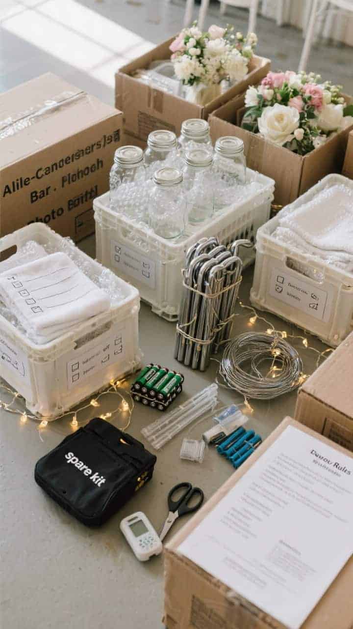 Overhead organizational flat-lay for logistics: labeled boxes and checklists reading aisle, centerpieces, bar, photo booth; pre-assembled jars packed upright in milk crates with dish towels and bubble wrap; detached metal handles bundled separately to prevent tangles; fresh rechargeable batteries ready, timer lights tested; a “spare kit” including extra string lights, batteries, floral wire, museum gel, zip ties, and scissors; a printed venue rules sheet noting ceiling weight limits, flame policy, and power access. Neutral daylight, crisp detail.