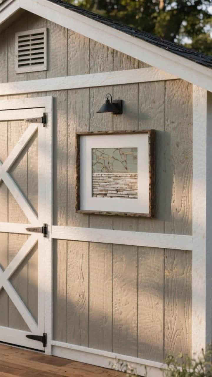 Photorealistic closeup detail collage-style framing of custom finishing touches on a shed: beefed-up