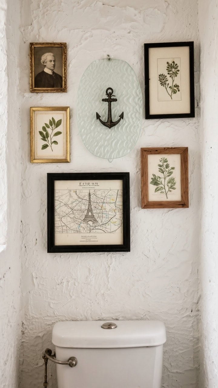 Photorealistic closeup of a tiny salon-style gallery above the toilet: vintage portraits, botanical prints, and an etched Paris map in petite mismatched skinny frames—gilt, black, and wood—arranged around one slightly larger anchor piece; glass with a subtle ripple or non-glare finish; textured plaster wall backdrop and a hint of a classic toilet tank lid below