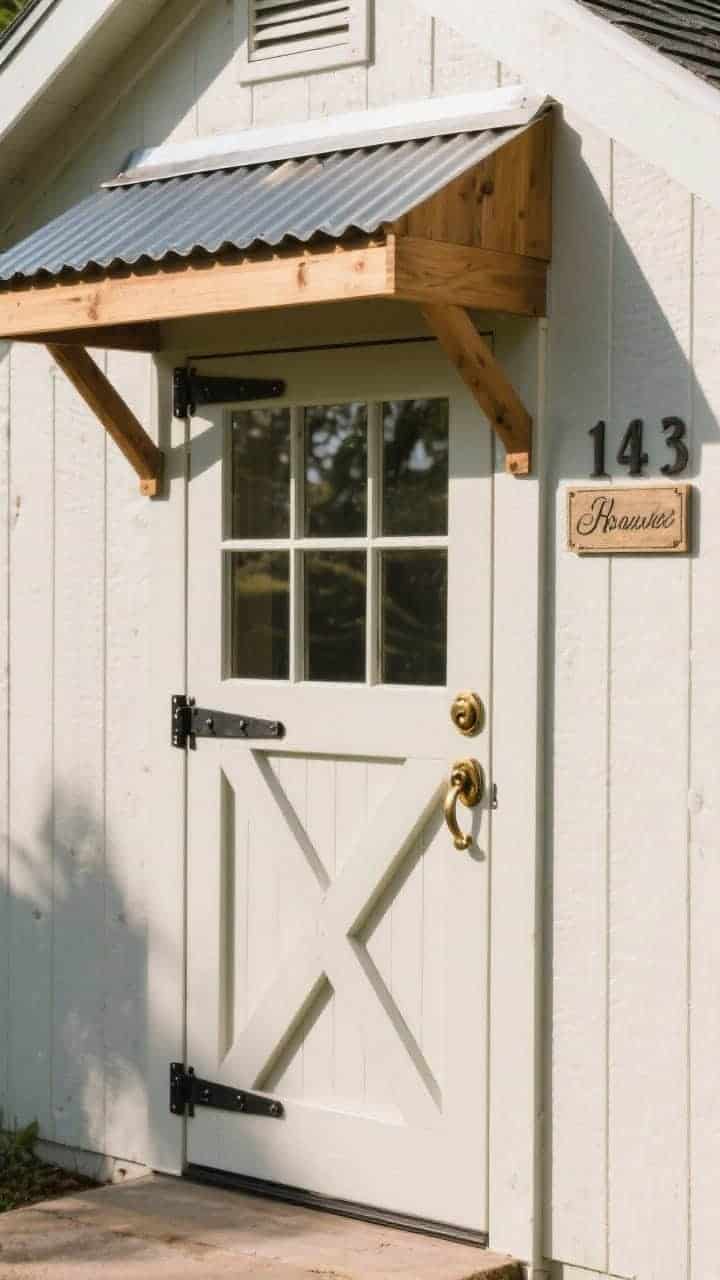 Photorealistic closeup, slightly angled from the side, of a shed door upgrade: a half-glass cottage-style door or a barn-style cross-braced door, featuring oversized pulls or a chunky gate latch, strap hinges in matte black or antique brass, and either house numbers or a cheeky name plaque. Include a compact cedar slat awning or a corrugated metal mini-canopy above the door casting soft shade. Late morning natural light highlighting metal finishes and wood grain; tight framing on door, hardware, and awning.