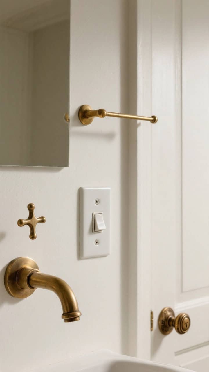 Photorealistic detail shot of upgraded hardware: unlacquered brass cross-handle faucet, slender brass towel hook and bar mounted with intention, a porcelain light switch plate with screws aligned, and a vintage-inspired door knob in aged brass on a nearby door edge; soft shadows emphasize the refined profiles on an ivory wall