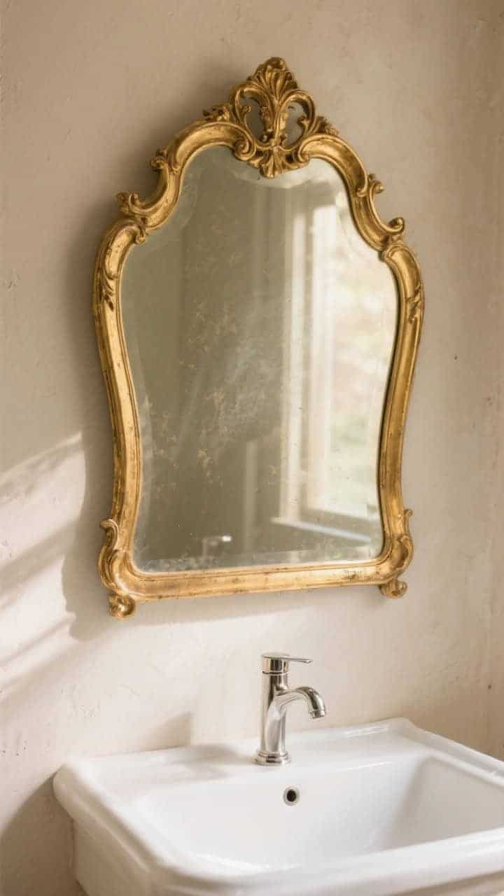 Photorealistic medium shot of a gilded Louis-style mirror with a curvy crest over a sink, gold frame showing gentle wear, faint foxing on the glass; paired with a polished nickel faucet for chic mixed-metal contrast; scale slightly generous to feel grand, soft afternoon light enhancing the gold tones, neutral plaster walls to let the mirror shine