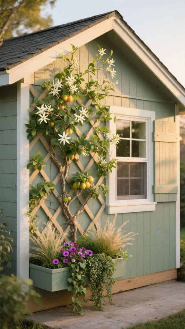 Photorealistic medium shot of a living facade on a compact shed wall: modular trellis panels painted to match the trim supporting climbing vines (star jasmine or clematis), or an espalier fruit tree trained on wires, plus a window box with spiller-thriller-filler (trailing ivy, petunias, ornamental grasses). Maintain at least a 6-inch air gap behind trellises. Early evening golden light with gentle highlights on leaves and blossoms; straight-on composition emphasizing integration of greenery with the facade.