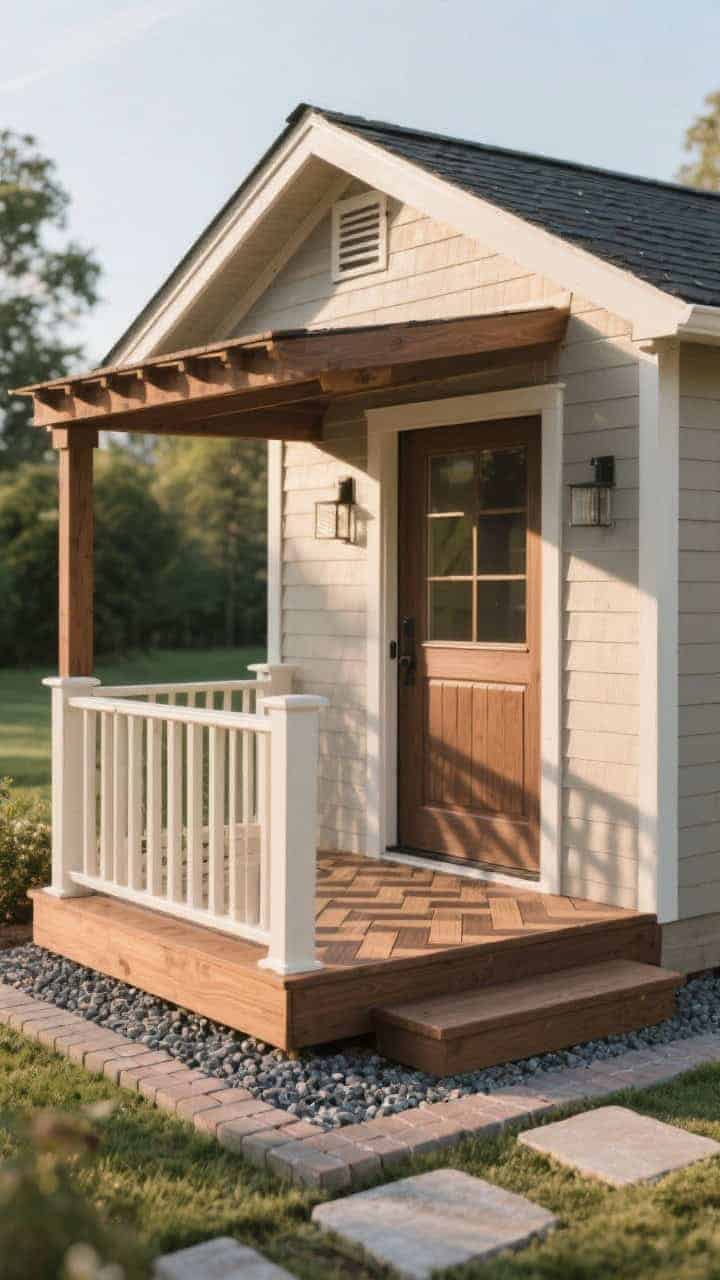 Photorealistic medium shot of a mini porch or “decklette” added to a small shed: a 24–36 inch deep platform with chevron or herringbone decking pattern, simple railing with vertical balusters to elongate the facade, and a neat gravel border around the deck for drainage. Optionally show stepping stones to a small paver landing and a slim pergola beam over the door. Match deck stain to trim or one shade deeper than siding. Late afternoon light casting linear shadows that emphasize pattern and proportions.