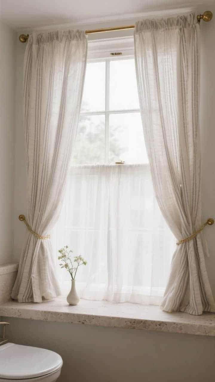 Photorealistic medium shot of a powder room window dressed like couture: sheer café curtains in linen-cotton voile covering the lower half for privacy, with delicate brass rod and tiny finials; upper window open to soft daylight; subtle ticking stripe pattern on the fabric, pale stone windowsill with a small bud vase; overall airy, elegant feel