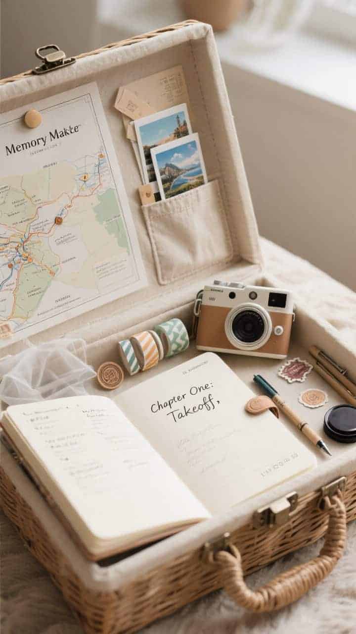 Photorealistic Memory Maker travel journal basket, closeup on a keepsake box with magnetic lid half-open: linen-bound travel journal with prompts and pockets, an instant camera with a fresh film pack (or mini photo printer), washi tape set, sticky corners, fine-liner pens, stamp-style stickers, and a postcard set from dream destinations; a folded map print to pin or color; layered vellum sheets and a handwritten note on the first page reading “Chapter One: Takeoff,” with a date stamp and ink pad nearby; soft natural light for a nostalgic mood.