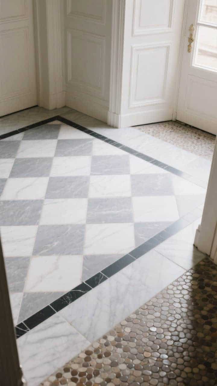 Photorealistic overhead/angled shot of timeless floors: soft gray-and-white checkerboard tiles with a slim charcoal border transitioning to a small area of penny mosaic near the threshold; honed, matte finish for a quiet, upscale look; gentle natural light from the side revealing texture and minimal grout lines for a heritage Parisian feel