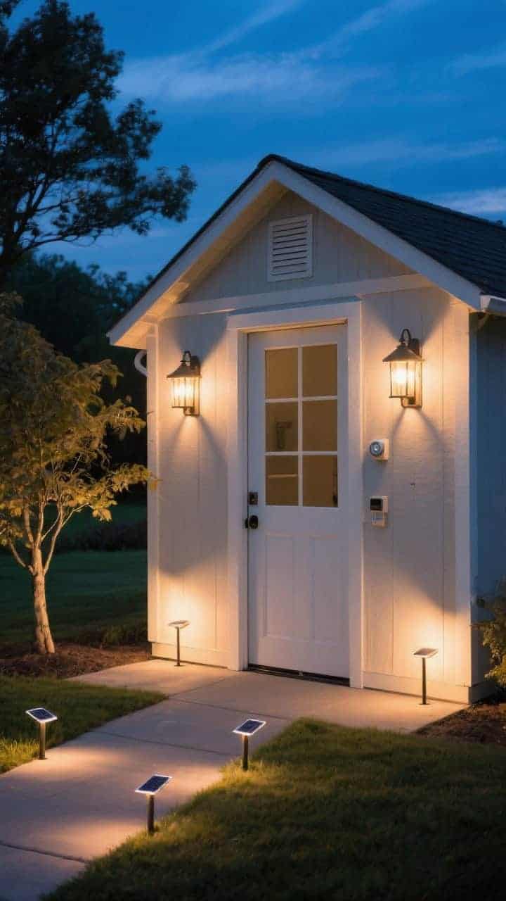 Photorealistic wide dusk scene of a shed exterior with layered outdoor lighting: warm white (2700–3000K) barn-style wall sconces flanking the door, subtle accent uplights washing the shed corners or a nearby feature tree, and a run of path lights or solar stake lights leading to the entry. Include a motion sensor and dusk-to-dawn control discreetly mounted. Capture the cozy glow against deep blue twilight, with balanced pools of light and soft shadows; three-quarter angle showing the approach path.
