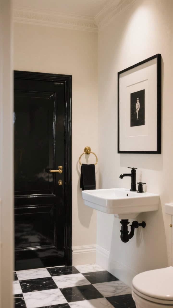 Photorealistic wide shot of a powder room featuring elegant French contrast: creamy walls, a matte black faucet, a thin black frame around a small artwork, and a glossy inky-black door; black-and-white checkerboard floor tiles add café vibes; brass towel hook adds warmth; balanced rule-of-three black accents read intentional under soft ambient lighting