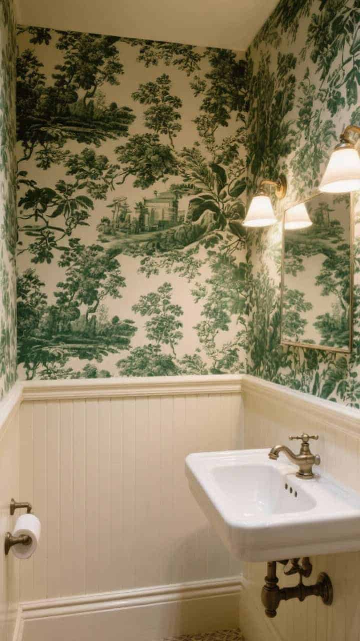 Photorealistic wide shot of a tiny powder room wrapped in bold heritage wallpaper—antique toile in deep forest green on cream—balanced by ivory wainscoting below; simple, classic fixtures so the pattern is the star; moisture-friendly sheen on the wallpaper, warm 2700K bulbs creating a gentle glow, and a clean white console sink with minimal hardware for contrast