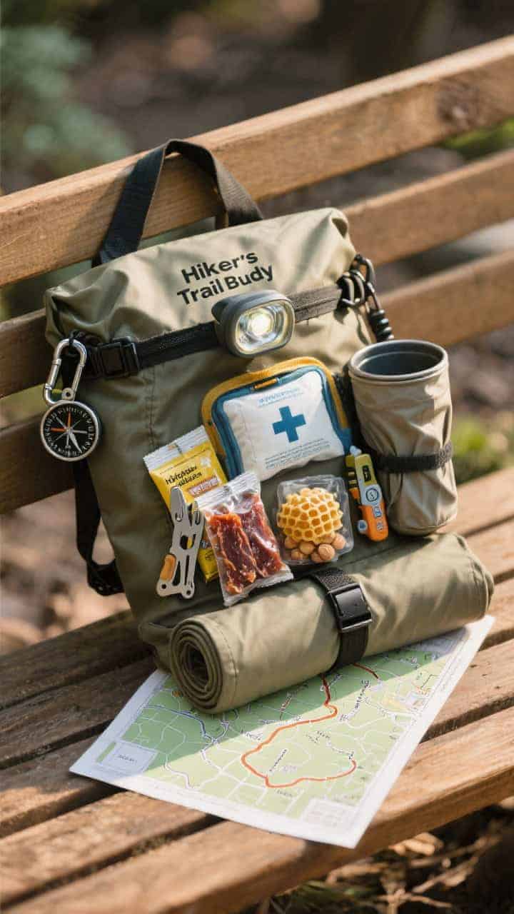 Rugged, angled overhead shot of a Hiker’s Trail Buddy kit packed into a roll-top dry bag: compact first-aid kit with blister care, lightweight headlamp with spare batteries, collapsible trekking cup, electrolyte chews, trail snacks (honey packets, jerky, nut butter squeezes), and a multi-tool; carabiner and mini compass clipped to the bag; a laminated local trail map with a highlighted loop tucked under the roll; natural outdoor light on a wooden bench.