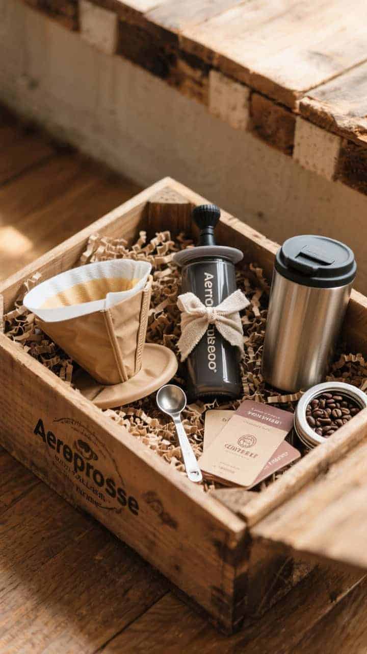 Rustic medium shot of a Coffee-Obsessed Explorer box in a wooden crate filled with shredded kraft paper: collapsible pour-over dripper next to an Aeropress Go, compact burr hand grinder, single-origin sampler tins, and a stainless travel mug with a leakproof lid; beans wrapped with a linen ribbon and a tiny metal coffee scoop; café guide cards and a custom café punch card peeking out; warm natural light, wood grain and metal textures emphasized.
