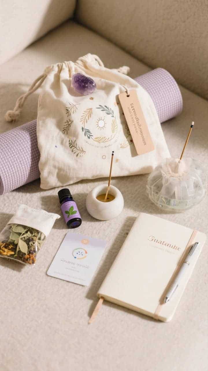 Serene Mindful Nomad wellness set, soft overhead detail: a folded travel yoga mat with grippy texture, essential oil roller (lavender, peppermint) beside a mini diffuser and a small incense holder, a guided meditation app gift card, a slim gratitude journal with micro gel pens, and a herbal tea sampler with a collapsible infuser; all bundled in a soft cotton drawstring bag with celestial/botanical print; a bookmark mantra card and a tiny amethyst crystal on top; gentle ambient lighting, calming neutrals with muted accents.