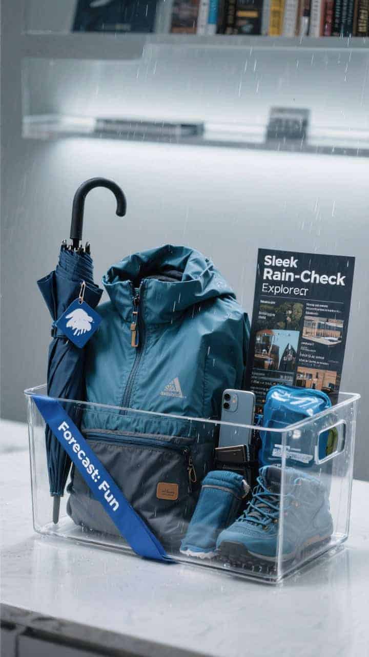 Sleek Rain-Check Explorer pack in a clear acrylic bin, straight-on medium shot: ultralight packable rain jacket folded into its pocket, windproof travel umbrella with wrist strap, waterproof shoe covers or quick-dry socks, dry bag pouches for phone and wallet, and anti-fog wipes; accented with a stormy blue ribbon and a cheeky “Forecast: Fun” tag; a printed rainy-day itinerary (museums, cafés, bookstores) slides behind; cool, slightly moody lighting to echo wet weather.