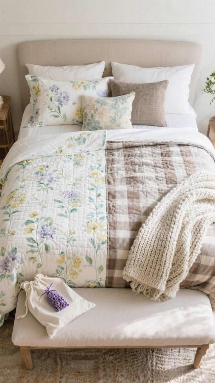 Split-season detail, overhead: On one side, breathable cotton floral quilt in airy spring tones; on the other, same bed layered for winter with the floral quilt under a chunky knit throw and a flannel-backed coverlet; reversible quilt showing a lighter side for summer and deeper side for colder months; lavender sachet and breathable cotton storage bag peeking from a bench; soft, seasonal daylight.