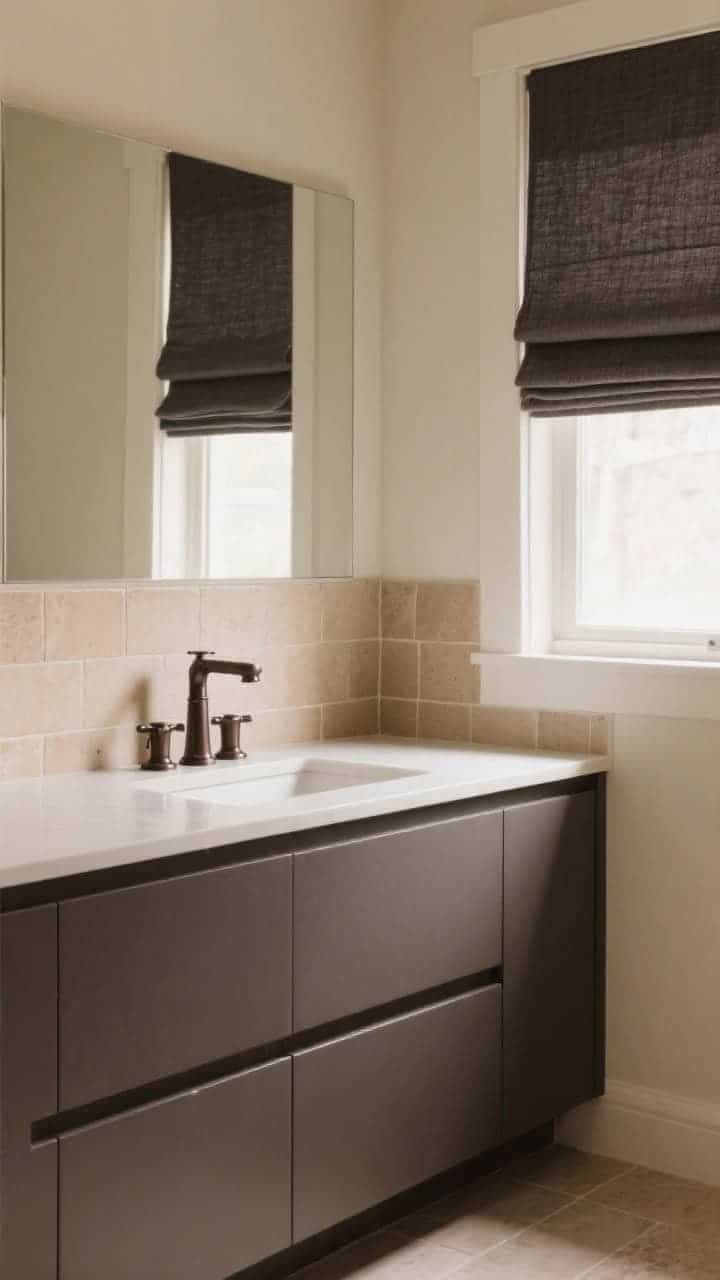 Straight-on medium shot creating warm contrast: a deep greige/cocoa vanity with slab fronts against creamy walls, dark bronze faucet and hardware complementing almond-toned tiles, and charcoal linen Roman shade at the window grounding the palette; consistent warm undertones, balanced moodiness, and gentle side lighting enhancing depth.