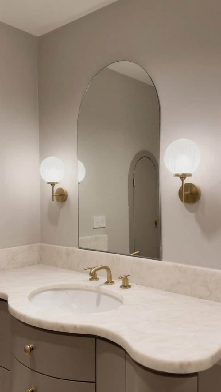 Straight-on medium shot highlighting curves: an arched mirror over a vanity with rounded-edge (bullnose) creamy quartz countertop, pill-shaped medicine cabinet adjacent, and curved opal glass sconces flanking the mirror; rounded brushed brass hardware and softened reflections, all in a calm taupe-and-cream palette with diffused lighting.