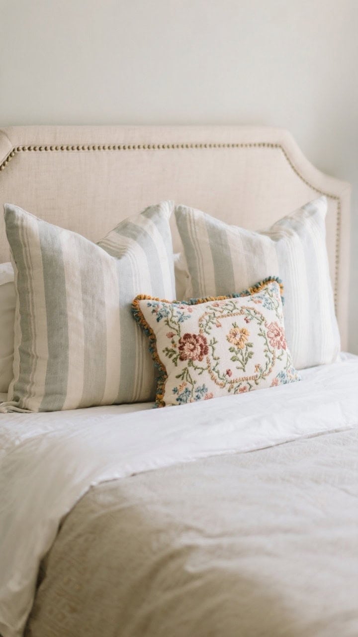 Straight-on pillow styling closeup: a headboard framed by 2–3 euro shams in soft solids/stripes, 2 standard shams in vintage florals, and a single quirky needlepoint accent pillow centered; tight, cohesive palette; gentle daylight emphasizing dimension and varied shapes without clutter.