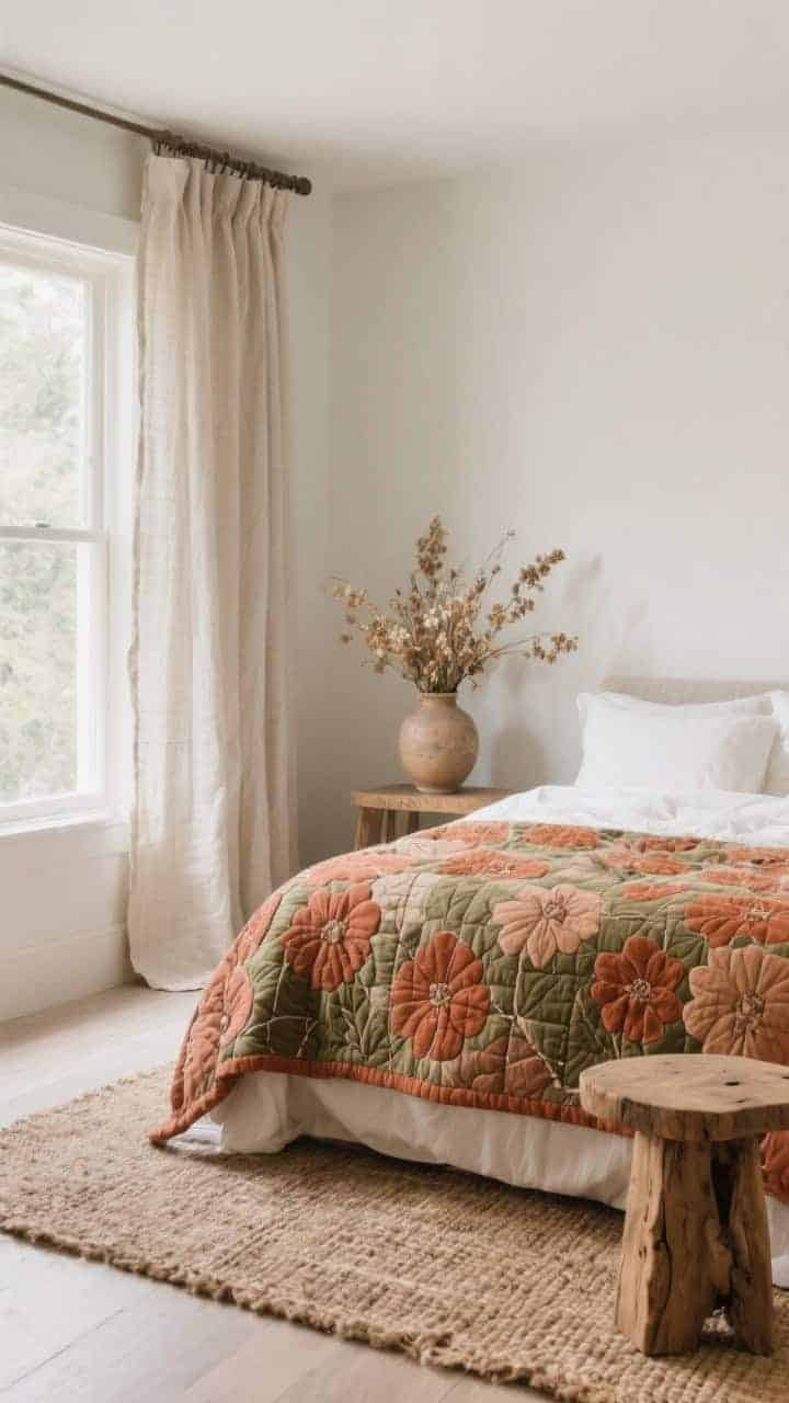 Wide, angled room view: Earthy floral quilt in terracotta, clay, and moss tones paired with natural textures—jute rug underfoot, linen curtains, raw wood side table; hand-quilted stitching visible for tactile detail; off-white/cream bedding components for warmth; dried florals in a ceramic vase; serene, natural daylight.