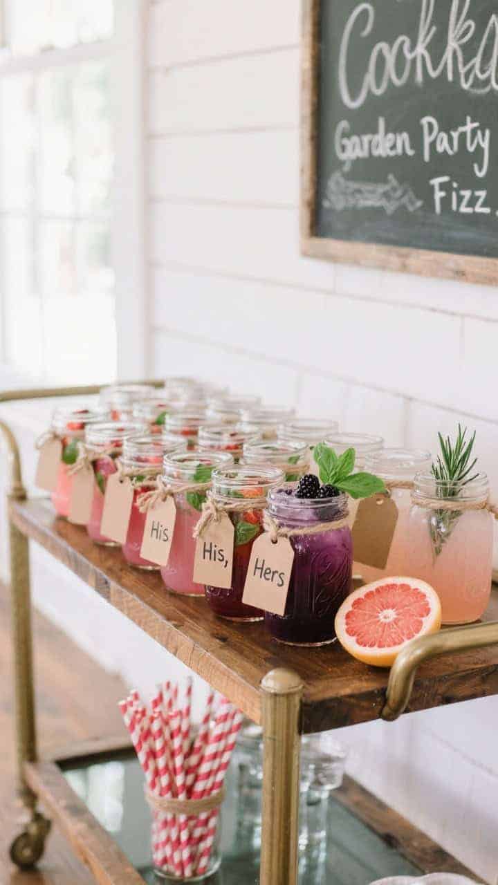 Wide bar cart scene, rustic-chic: rows of mason jars pre-chilled and lined up with kraft tags tied in twine labeled “His,” “Hers,” and “Garden Party Fizz”; drinks include strawberry basil lemonade (pink with basil sprig), blackberry bourbon smash (deep purple with blackberry and mint), and rosemary grapefruit spritz (pale coral with rosemary spear and grapefruit wheel); striped paper straws; a chalkboard sign with hand-lettered cocktail names; cool, bright ambient light with gentle reflections on glass; wooden bar cart against white shiplap backdrop, no people.