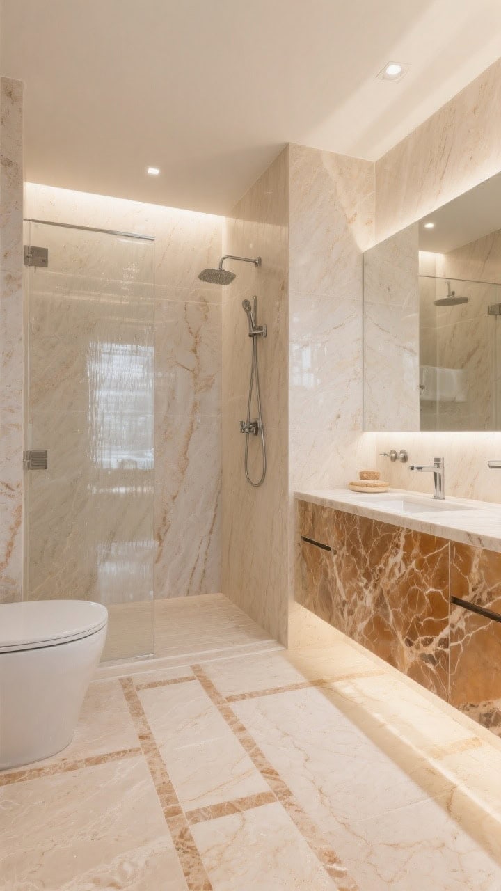 Wide bathroom view showcasing natural stone emphasis: large-format travertine-look porcelain floor tiles in sand beige with warm almond grout, honed limestone shower walls that diffuse reflections, and a vanity top in warm-veined quartz (caramel and taupe veining); overall calm, organic palette with soft, indirect lighting that hides water spots and feels luxurious.