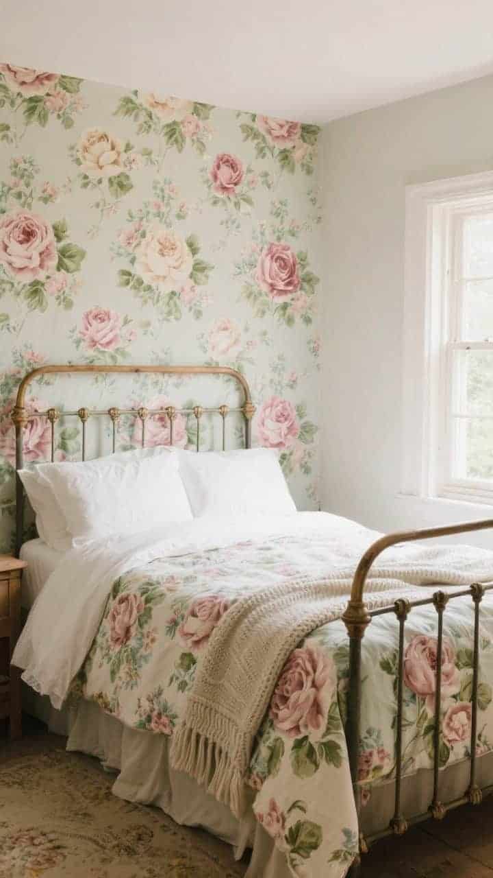 Wide bedroom shot: a cozy cottage room with a classic glossy cotton chintz duvet featuring traditional roses and peonies in blush, sage, and soft cream as the anchor; paired with simple, solid white sheets; matte linen knit throw at the foot for contrast; neutral iron or wood bed frame; soft morning natural light from a window; palette repeats 2–3 dominant colors from the chintz for cohesion.