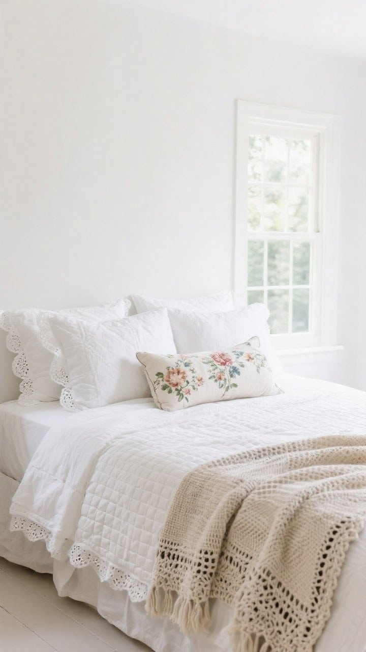 Wide, bright bedroom: crisp white sheets and a white quilt form a fresh base with a single vintage floral duvet folded at the foot; a floral bolster centered for a boutique touch; layered texture via a waffle blanket and a crocheted throw, plus eyelet-edged pillowcases; airy daylight streaming in for a breezy, easy-to-maintain feel.