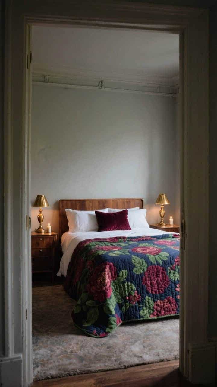 Wide, moody bedroom shot from doorway: Deep floral quilt in burgundy, forest green, and midnight blue on a bed; matte textures—washed cotton quilt with small velvet accent pillow; warm wood furniture, antique brass table lamps casting candlelight-like glow; walls kept light to prevent cave effect; romantic, dramatic ambiance.