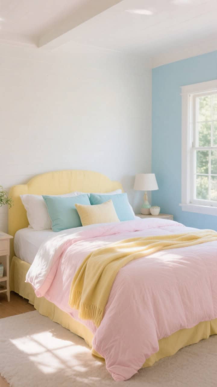 Wide pastel bedroom view: a sunlit cottage palette of blush, butter yellow, and sky blue; one hero pastel (blush) repeated in duvet, a throw, and a pillow; supporting mints and sky blues in shams and accents; warm whites on walls and bedding soften the scene; morning light to enhance the airy glow.