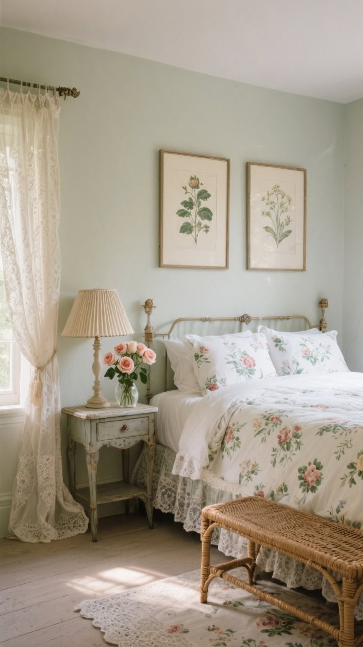 Wide room vignette: vintage-inspired accents completing the floral bedding story—botanical prints in simple frames above the bed, an antique side table with a pleated lampshade, a rattan/cane bench at the foot, lace or café curtains filtering cottage-y light; a tiny vase of garden roses on the nightstand; serene, photorealistic morning glow.