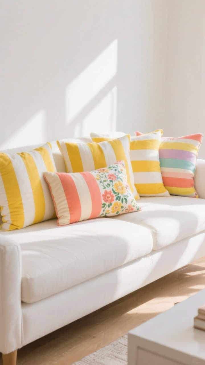 Wide shot: A cheerful, sunlit living room sofa layered with striped pillows—yellow-and-white, coral-and-cream, and a multi-color pastel stripe—on a crisp white background; varied stripe widths for a curated look; one coordinating floral pillow included for designer contrast; bright daylight boosting the room’s energy.