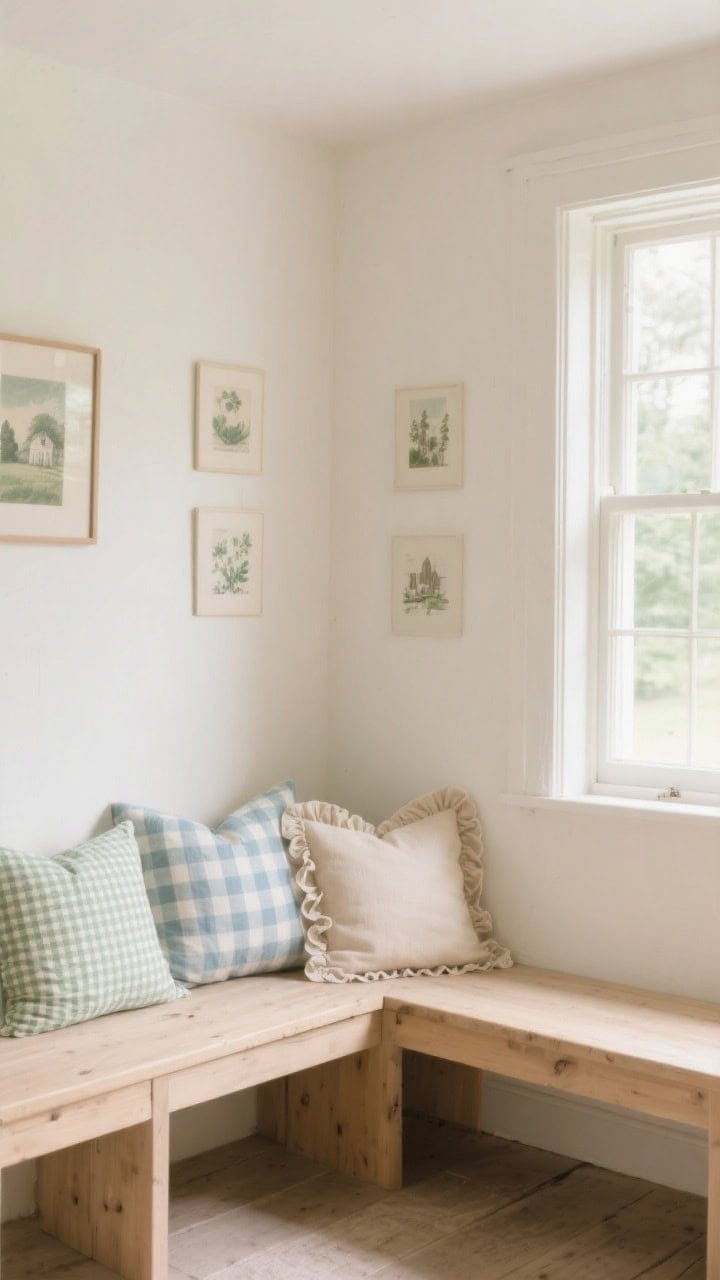 Wide shot: A cottagecore-inspired sitting nook with cream walls, a light wood bench cushion, and throw pillows in micro-gingham sage, dusty blue checks, and a single ruffled-edge neutral; small-scale prints brightening subtly; one ruffled pillow balanced by clean-edge companions; gentle morning light for a romantic, soft atmosphere.