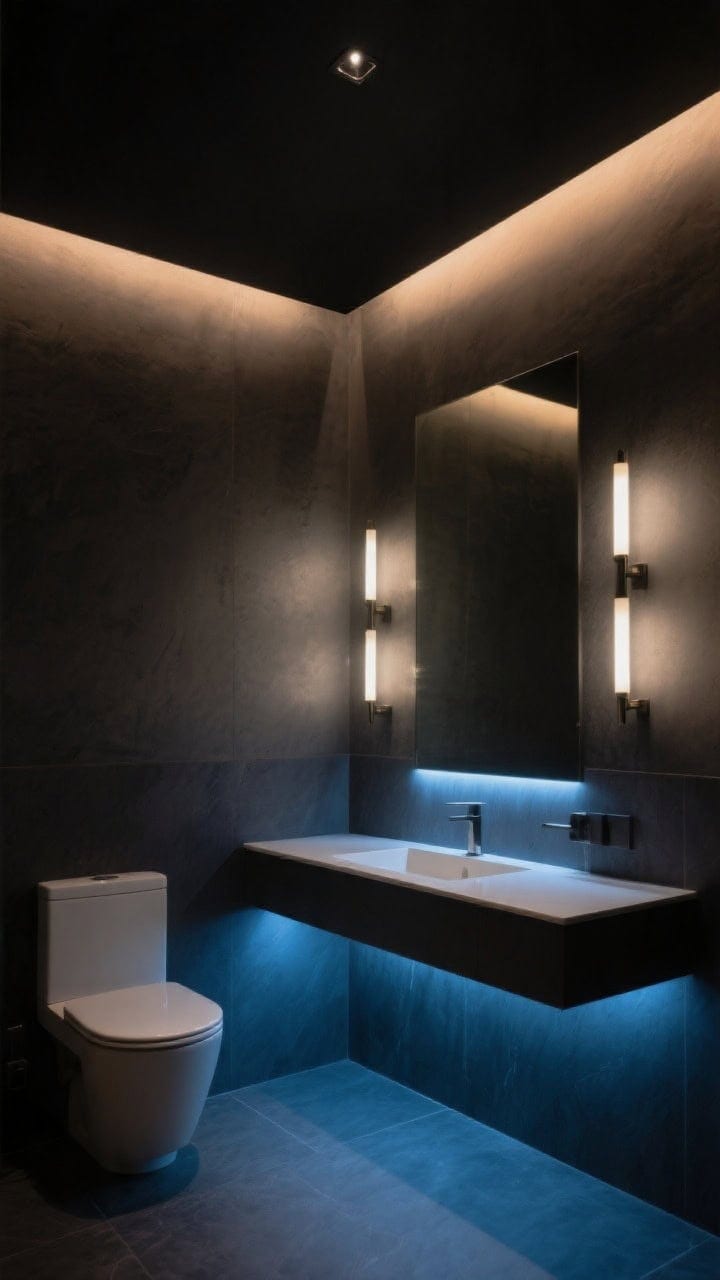 Wide shot emphasizing layered lighting in a dark bathroom: warm ambient cove lighting washing a soot black ceiling, vertical sconces at eye level flanking the mirror for flattering task light, and a dimmable LED strip under a floating vanity creating a subtle floating glow; inky blue-gray walls, calm spa mood, no blue LEDs.