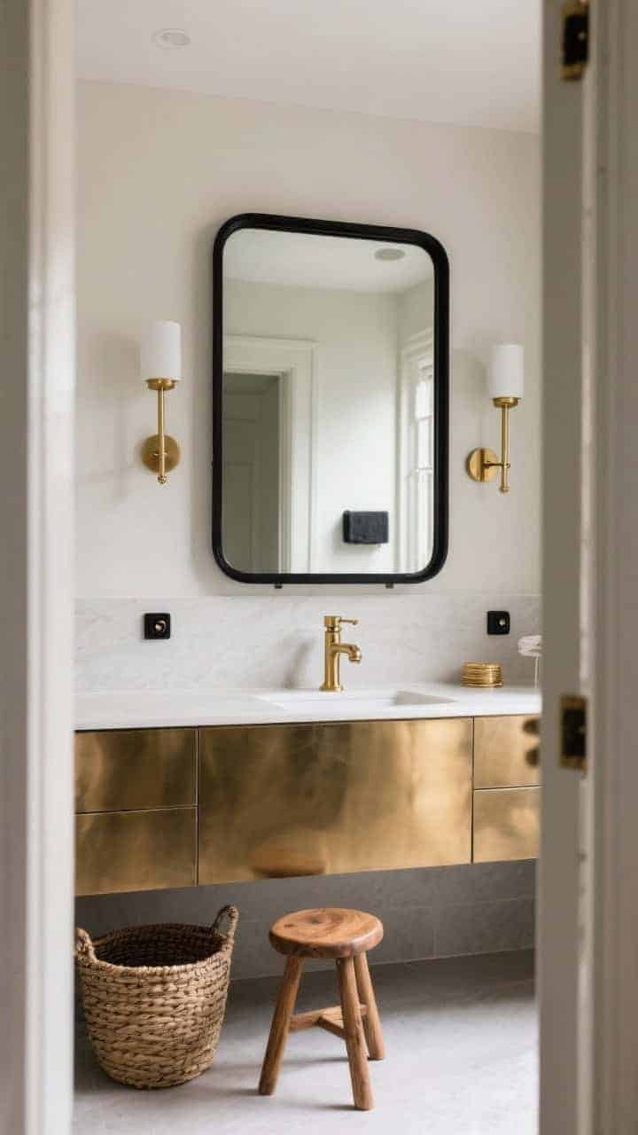 Wide shot of a balanced mixed-metal bathroom: brass as the star (about 70%) in faucet, sconces, and mirror frame; matte black accents in small doses on mirror screws and cabinet knobs; brushed brass paired with matte black to match sheen levels; warm materials—a small wood stool and woven basket—anchor the space; soft, even daylight; composed from a doorway angle to show cohesion without chaos.