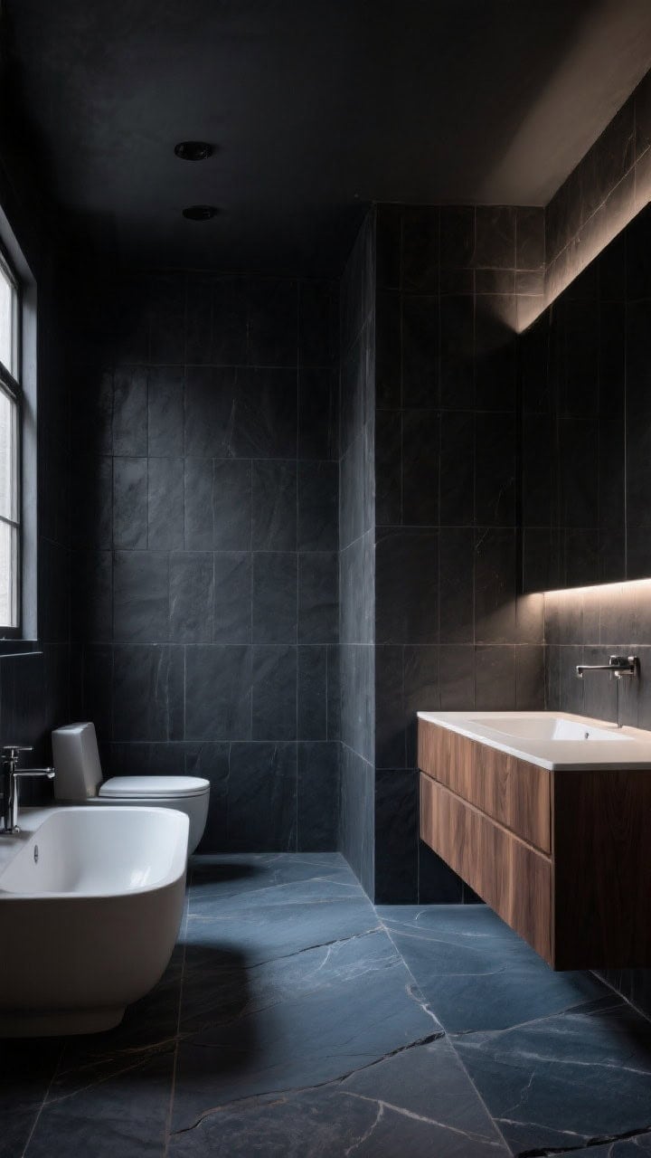 Wide shot of a dark Scandinavian bathroom with a monochrome palette: deep charcoal matte wall tiles, soot black painted ceiling in low-sheen, and inky blue-gray slate floor; layered tone-on-tone surfaces prevent flatness; cool charcoals balanced by a warm walnut floating vanity; soft, diffused ambient lighting to enhance depth; no people, photorealistic, calm and luxurious.