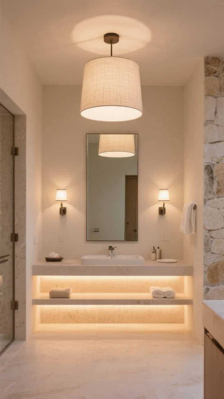Wide shot of layered spa lighting: a linen-shaded flush mount providing ambient glow, paired with two eye-level sconces flanking a mirror for task lighting (centered around 65 inches), and a soft LED strip under a floating vanity casting a warm floor wash; bulbs at 2700–3000K with CRI 90+, dimmed to a serene, flattering glow over creamy walls and stone textures.