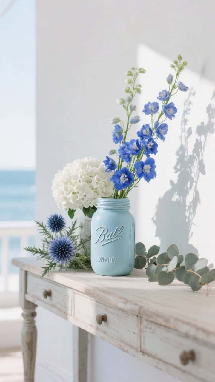 Wide shot, straight-on: A light blue-tinted mason jar on a coastal-inspired console table, featuring blue delphinium climbing for height, white hydrangea anchoring the base, spiky blue thistle for cool texture, and soft eucalyptus; negative space intentionally kept for an airy, breezy elegance; gentle seaside palette with soft natural daylight, crisp shadows.