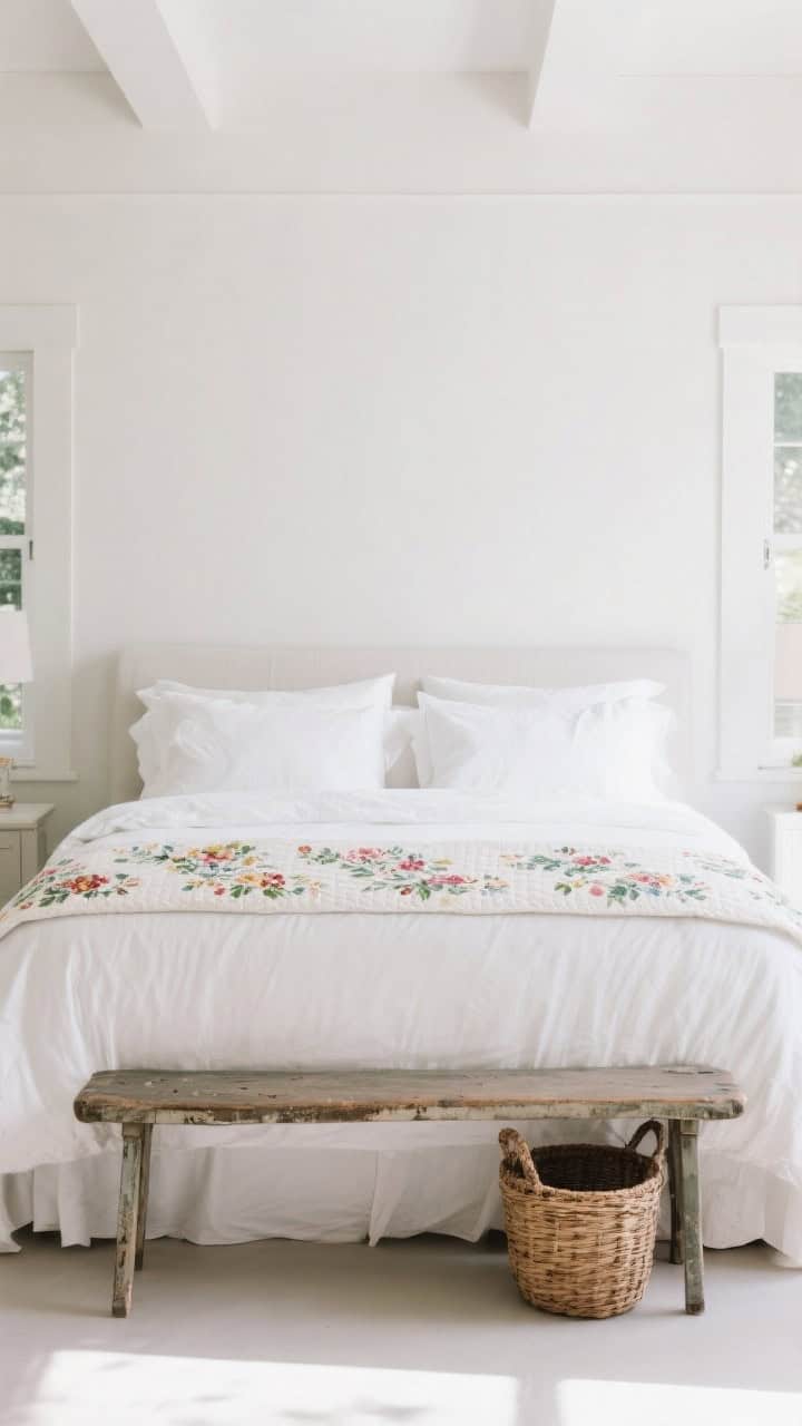 Wide, straight-on bedroom: Bright white bedding up top with a floral quilt neatly folded into a long band at the foot, covering roughly one-third of bed length; optioned matching floral shams or crisp white shams; vintage bench at the foot and a woven basket for heirloom vibes; clean, airy daylight.