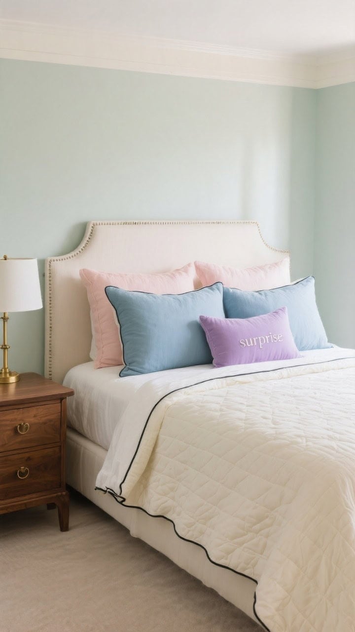 Wide, straight-on bedroom: Soft pastel color story with muted, chalky tones—pale sage, French blue, antique rose, buttercream—anchored by an off-white/warm cream quilt base; deeper accents via charcoal piping on pillows, a walnut wood nightstand, and subtle brass hardware on a lamp; one “surprise” pastel lavender throw pillow; soothing, sophisticated mood with gentle daylight.