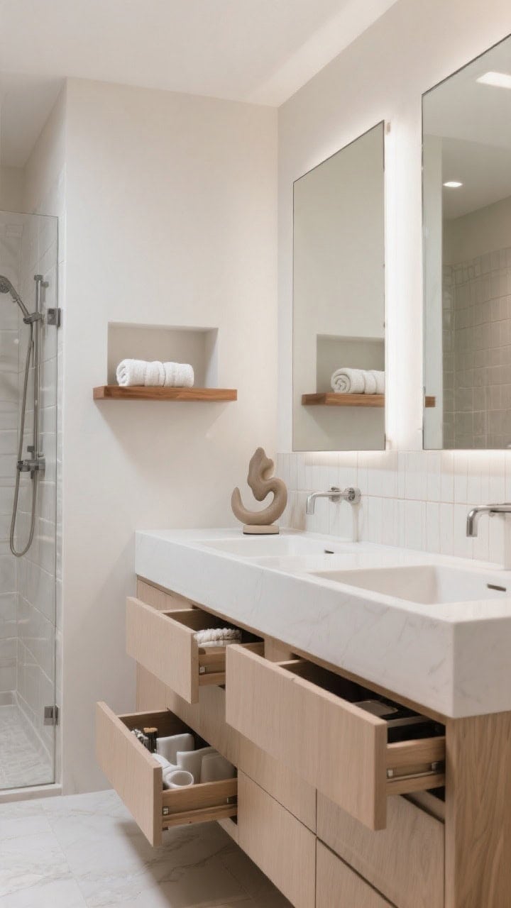 Wide, streamlined storage view: flat-front vanity drawers with integrated organizers just visible in an open drawer (no countertop clutter), recessed mirrored medicine cabinets bouncing light, built-in shower niches lined with the same tile for visual continuity, and a pair of warm wood floating shelves sparsely styled with rolled towels and one sculptural decor piece; color-matched caulk and grout, clean lines, serene atmosphere.